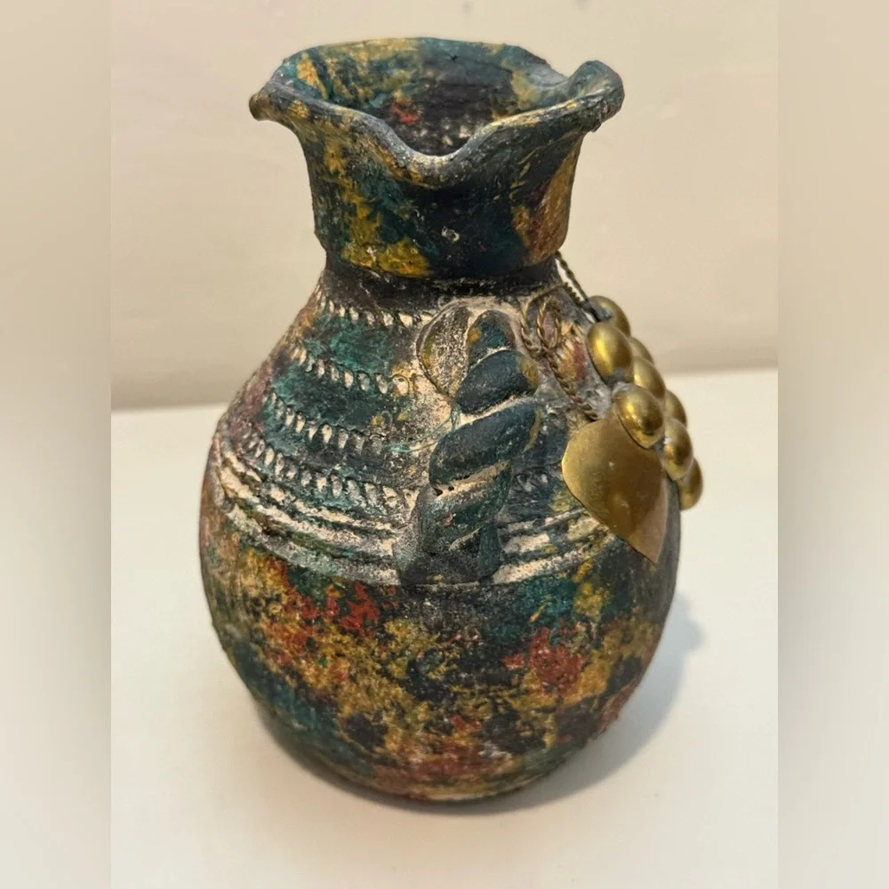 Pottery Vintage Vase Brass and Copper Accents Loop‎ Handles Primitive Folk Art